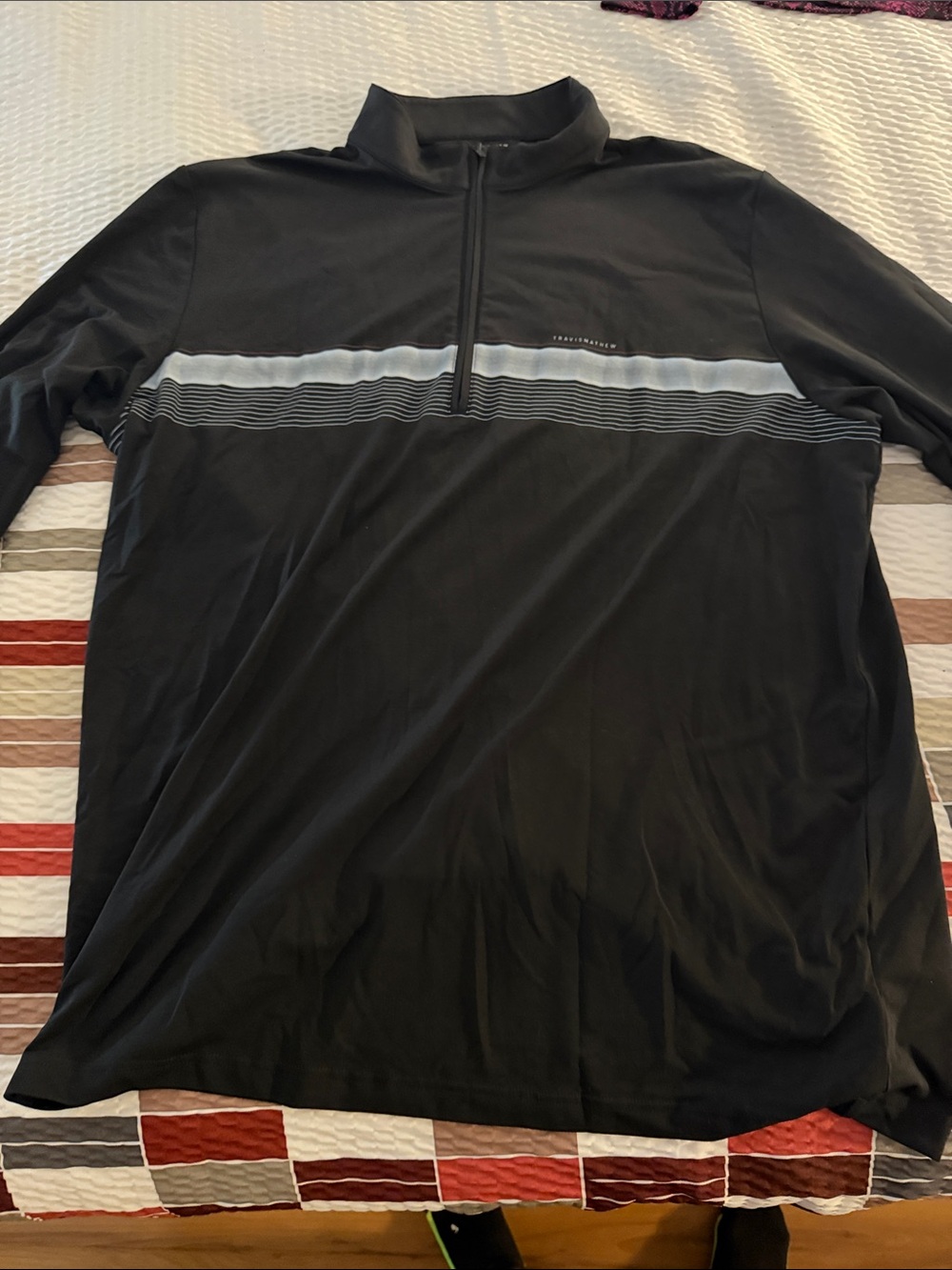 Travis Mathew Black Quarter-Zip Pullover with Light Gray Stripe